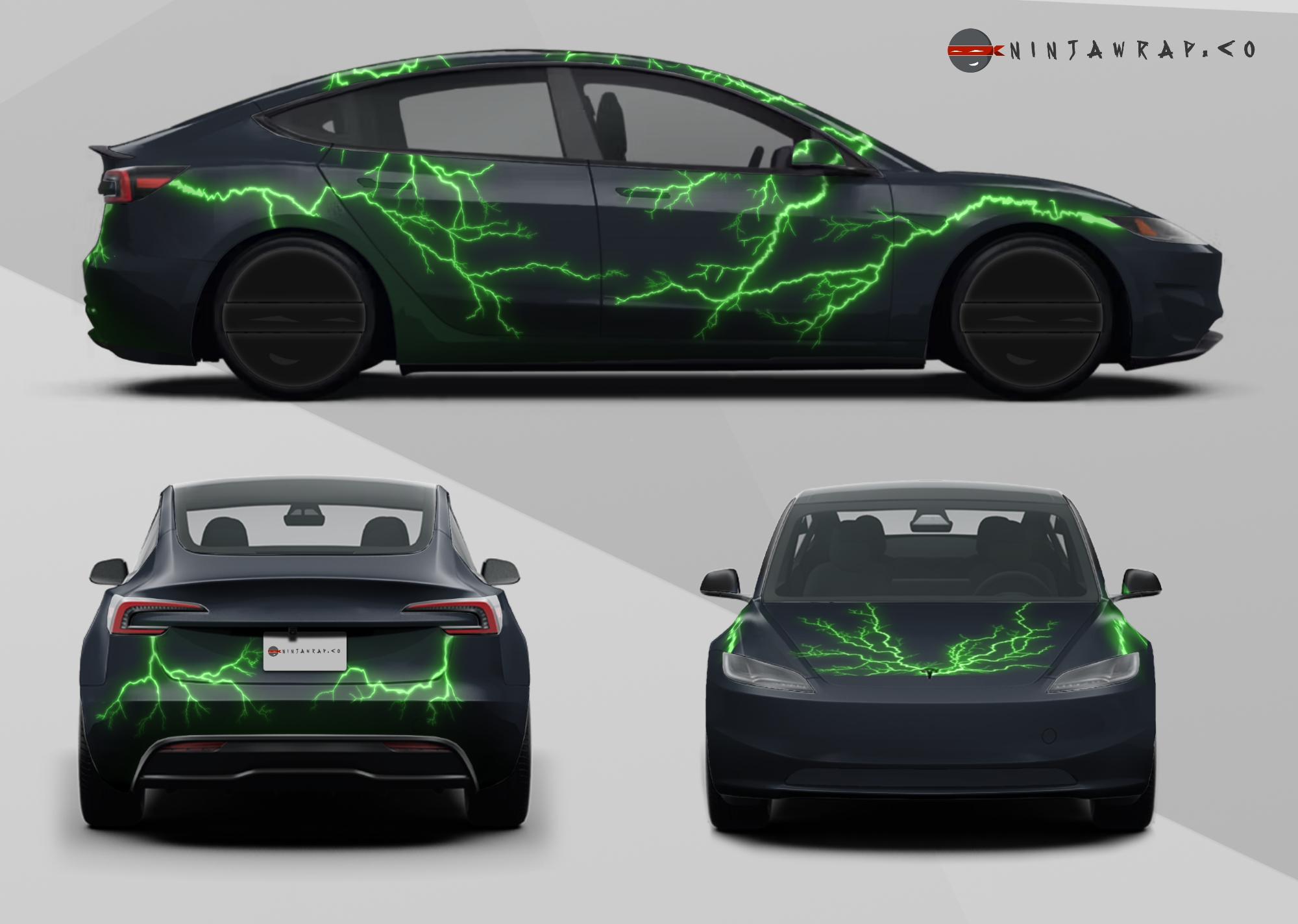 Tesla Model 3 green lightning wrap design